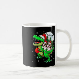Zwei Weihnachts-Shih-Tzus reiten T-Rex-Rentier Lie Kaffeetasse