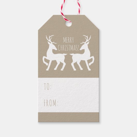 Zwei weiße Hirsche auf Beige Farbe Weihnachten Geschenkanhänger (Vorderseite)