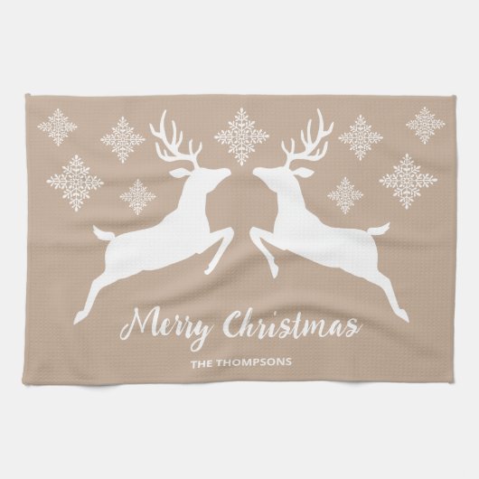 Zwei weiße Hirsche auf Beige mit Schneeflocken & T Geschirrtuch (Horizontal)