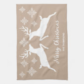Zwei weiße Hirsche auf Beige mit Schneeflocken & T Geschirrtuch (Vertikal)