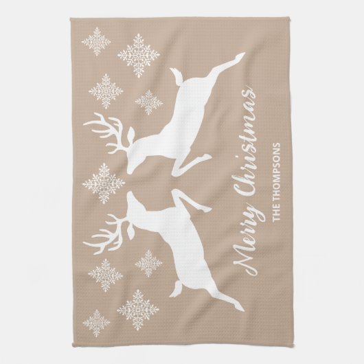 Zwei weiße Hirsche auf Beige mit Schneeflocken & T Geschirrtuch (Vertikal)
