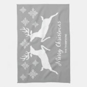 Zwei weiße Hirsche auf Grau mit Schneeflocken und  Geschirrtuch (Vertikal)