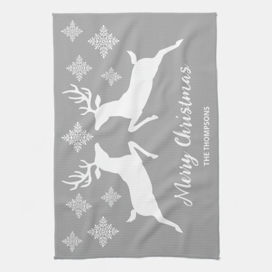 Zwei weiße Hirsche auf Grau mit Schneeflocken und  Geschirrtuch (Vertikal)