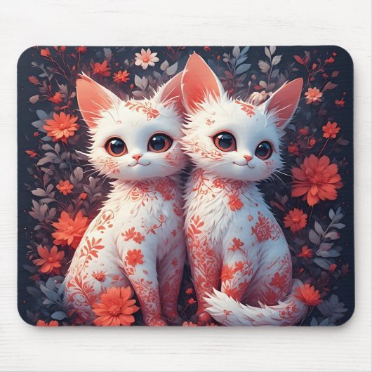 Zwei weiße Kätzchen und Blume Mousepad (Vorne)