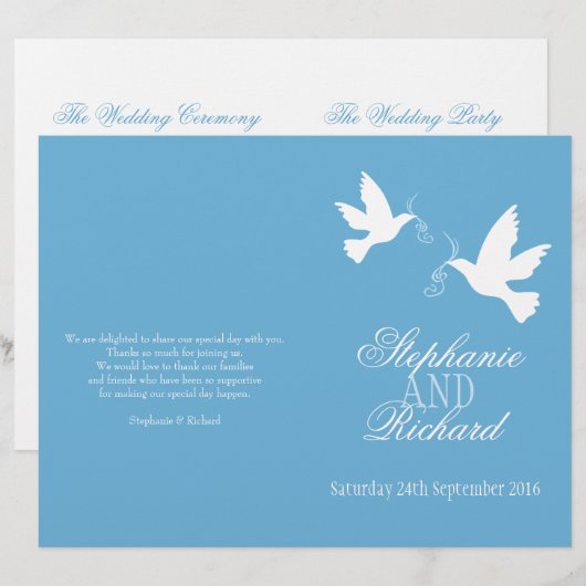 Zwei weiße Tauben blaues Band Hochzeitsprogramm (Vorne/Hinten)