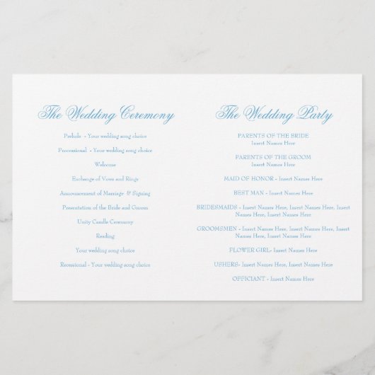 Zwei weiße Tauben blaues Band Hochzeitsprogramm (Rückseite)