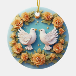 Zwei weiße Tauben inmitten eines Blumenmusters Keramik Ornament