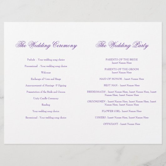 Zwei weiße Tauben lila Band Hochzeitsprogramm (Rückseite)