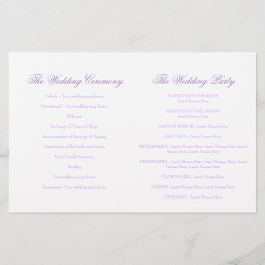 Zwei weiße Tauben lila Band Hochzeitsprogramm (Rückseite)