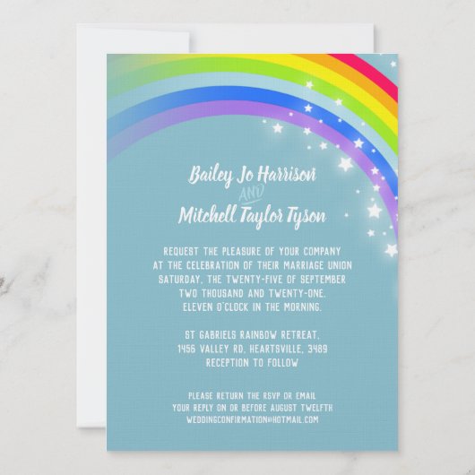 Zwei weiße Tauben Regenbogen Hochzeit aquamarin lä Einladung (Rückseite)