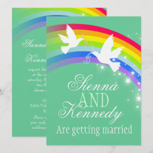 Zwei weiße Tauben Regenbogen Hochzeitsfarbe Grün l Einladung