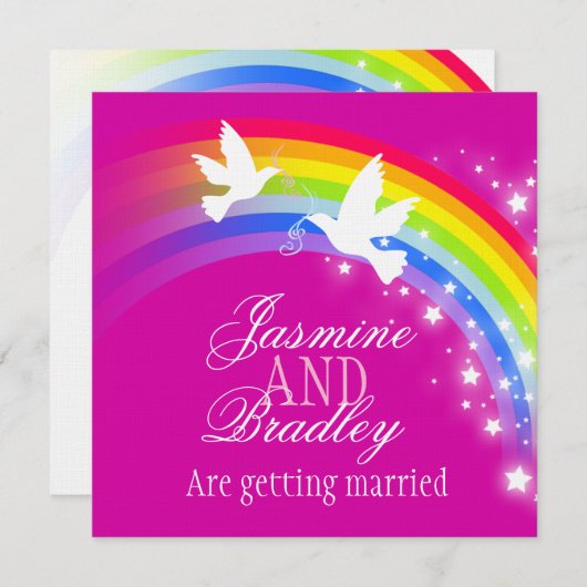Zwei weiße Tauben Regenbogen Hochzeitsquadrat einl Einladung (Vorne/Hinten)