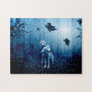 Zwei weiße Wölfe im Wald Puzzle