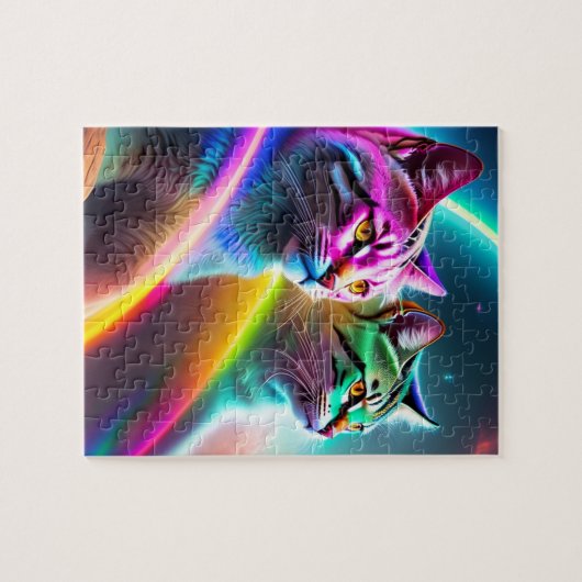 Zwei Weltraumkatzen, Neonleuchten, farbige Katzen Puzzle (Horizontal)
