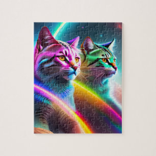 Zwei Weltraumkatzen, Neonleuchten, farbige Katzen Puzzle
