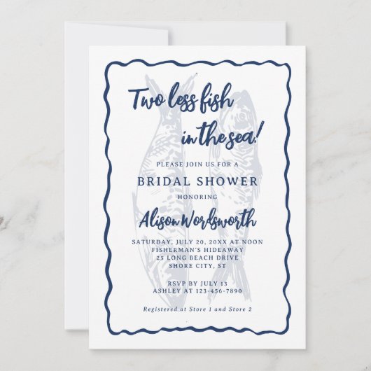 Zwei weniger Fische im nautischen Brautparty Einladung (Vorderseite)