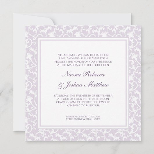 Zwei werden ein christlicher Hochzeits-Lavendel Einladung (Rückseite)