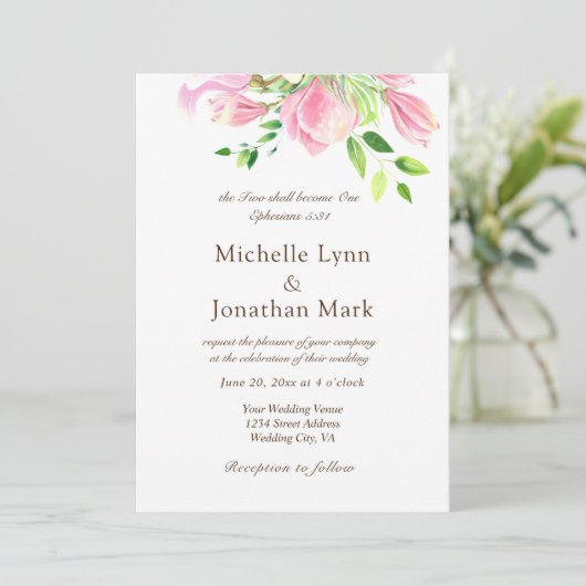 Zwei werden zu einem rosa Magnolia Christlich Einladung (Stehend Vorderseite)