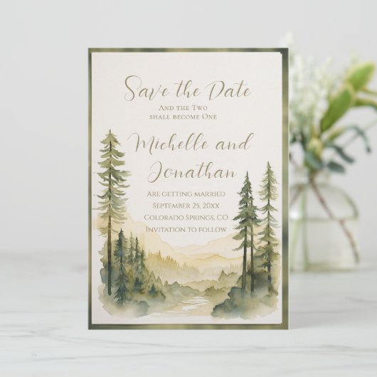 Zwei werden zu einer Christlichen Pinienbäume-Hoch Save The Date (Stehend Vorderseite)