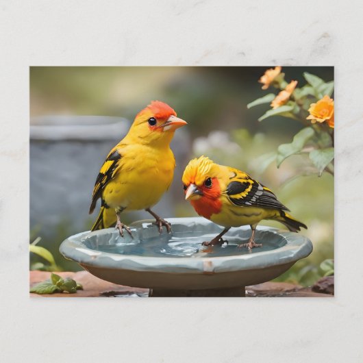 Zwei Western Tanager-Vögel stehend im Vogelbad Postkarte (Vorderseite)