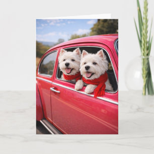 Zwei Westie-Hunde in rotem Vintage-Auto Valentinst Karte