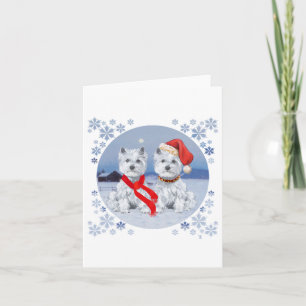 Zwei Westies an einem winterlichen Abend Feiertagskarte