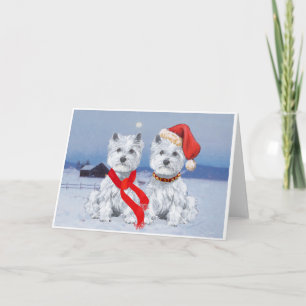 Zwei Westies an einem winterlichen Abend Feiertagskarte