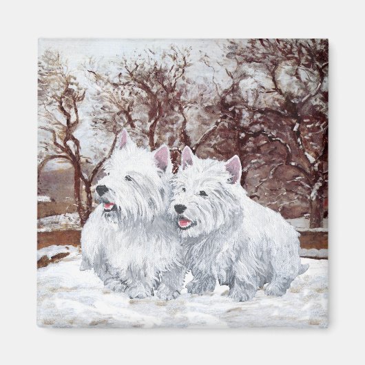 Zwei Westies in Wintertime Magnet (Vorne)