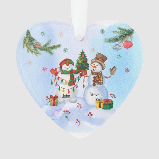 Zwei Whimsical Snowmen an einem schneebedeckten We Ornament (Vorderseite)