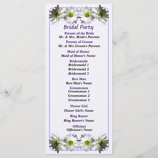 Zwei "White Frilly Daisies Wedding Programme" Programm (Rückseite)