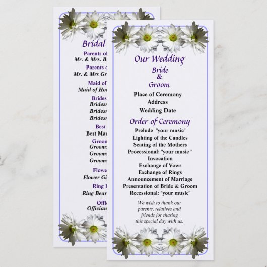 Zwei "White Frilly Daisies Wedding Programme" Programm (Vorne/Hinten)