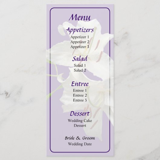 Zwei "White Lilies Wedding Menu" Menükarte (Vorderseite)