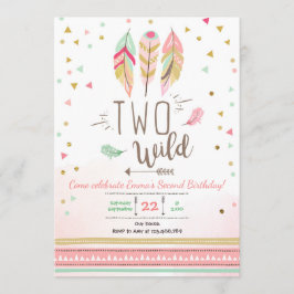 Zwei Wild Birthday Girl Pink Gold 2nd Boho Feather Einladung