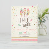 Zwei Wild Birthday Girl Pink Gold 2nd Boho Feather Einladung (Stehend Vorderseite)