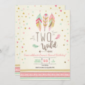 Zwei Wild Birthday Girl Pink Gold 2nd Boho Feather Einladung (Vorne/Hinten)