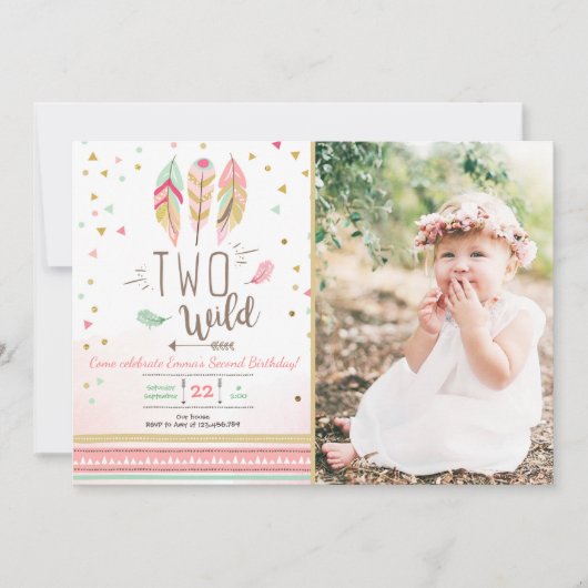 Zwei Wild Birthday Girl Pink Gold 2nd Boho Feather Einladung (Vorderseite)