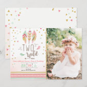 Zwei Wild Birthday Girl Pink Gold 2nd Boho Feather Einladung (Vorne/Hinten)