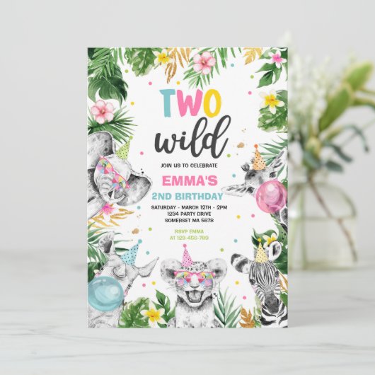 Zwei Wild Birthday Gold Safari Dschungeltiere Part Einladung (Stehend Vorderseite)
