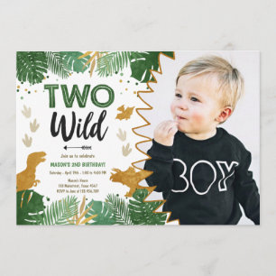 Zwei Wild Dino Party Boy Gold Dinosaur 2. Geburtst Einladung