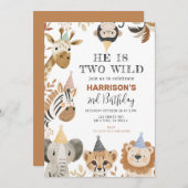 Zwei wild lebende Party Jungle Safari Tiere Geburt Einladung (Vorne/Hinten)