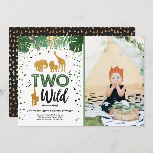 Zwei Wild Safari Gold Boy Animals Geburtstagsparty Einladung (Vorne/Hinten)