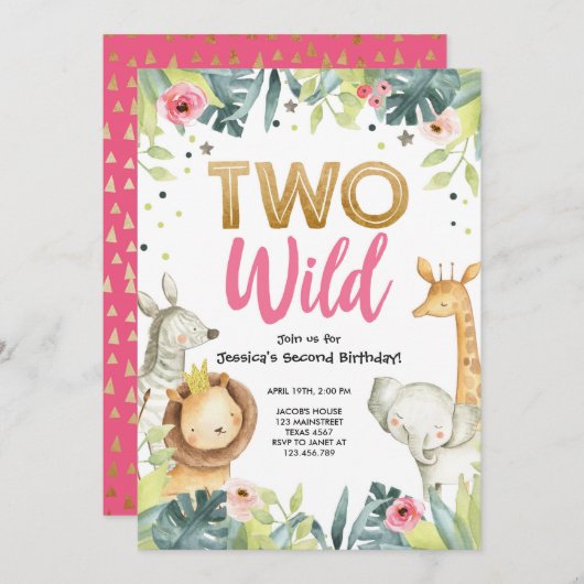 Zwei Wild Safari Gold Girl Animals Geburtstagspart Einladung (Vorne/Hinten)