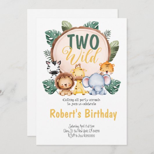 Zwei Wild Safari Party Geburtstag Einladung (Vorne/Hinten)