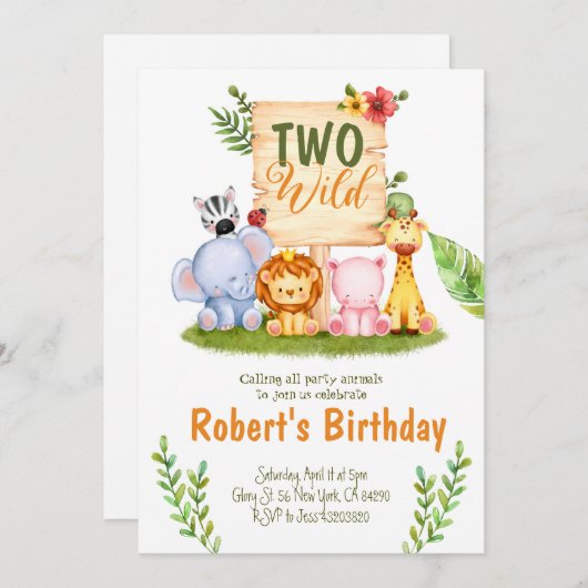 Zwei Wild Safari Party Geburtstag Einladung (Vorne/Hinten)