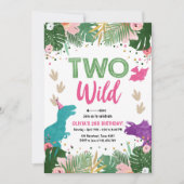 Zwei Wilde Dino Party Girl Pink Dinosaur Geburtsta Einladung (Vorderseite)
