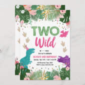 Zwei Wilde Dino Party Girl Pink Dinosaur Geburtsta Einladung (Vorne/Hinten)