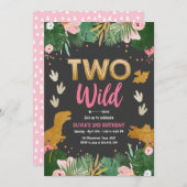 Zwei Wilde Dino Party Girl Pink Dinosaur Geburtsta Einladung (Vorne/Hinten)