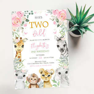 Zwei wilde florale Safari-Tiere Mädchen Geburtstag Einladung