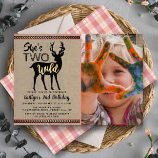 Zwei wilde Girls Woodland Deer Foto 2. Geburtstag Einladung