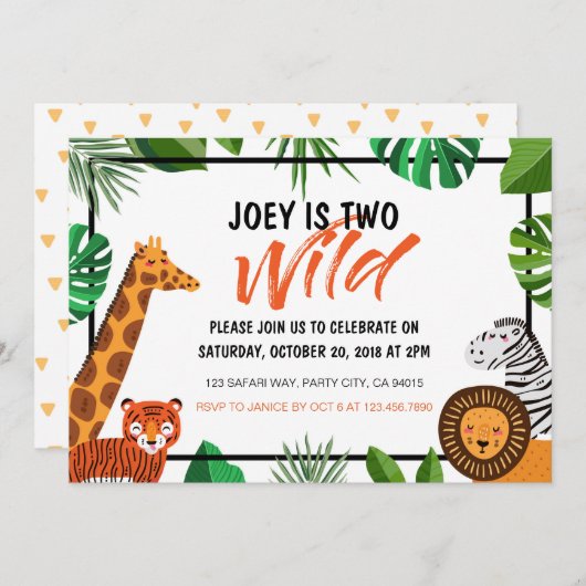 Zwei wilde Jungle Animal Safari zum Geburtstag Ein Einladung (Vorne/Hinten)